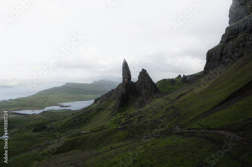 Dark,moody landscape of Isle od skye. Old man of storr. Travelling and hiking concept