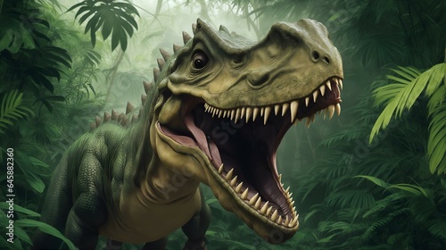 ジャングルで咆哮する恐竜｜Dinosaur roaring in the jungle. Generative AI © happy Wu 