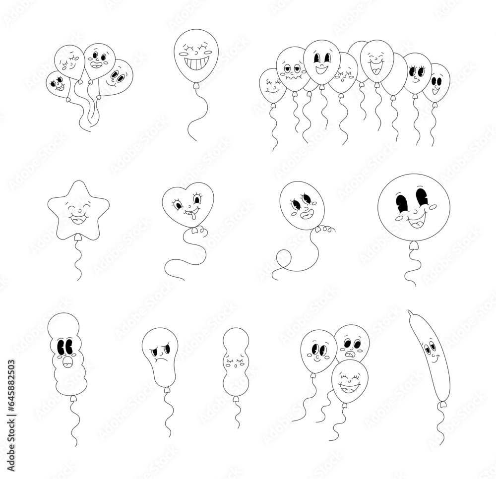Balloon in cartoon style. Coloring Page. Bunch of gel balls character for birthday and party. Vector drawing. Collection of design elements. Balloon in cartoon style. Coloring Page. Bunch of gel balls character for birthday and party. Vector drawing. Collection of design elements.