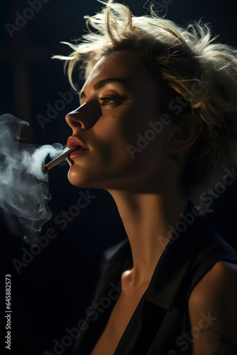 side view of blonde woman wearing leather smoking cigarette isolated on black background