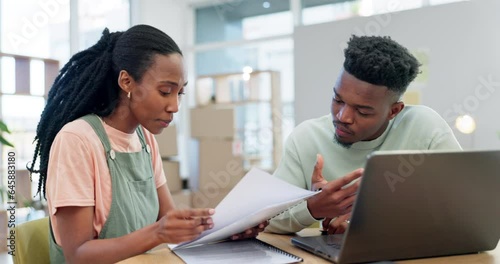 Wallpaper Mural Stress, frustrated and couple with bills at laptop for mortgage payment and home finances document. Arguing, fight and upset black man and woman with debt paper, budget problem and marriage conflict Torontodigital.ca