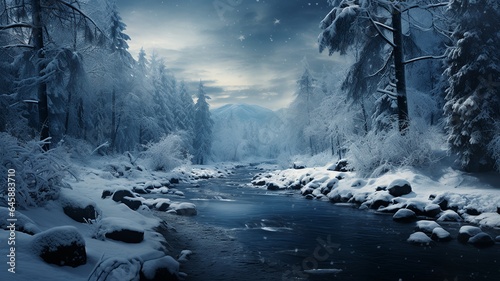 Winter Landscape, Trees and River. Generated AI