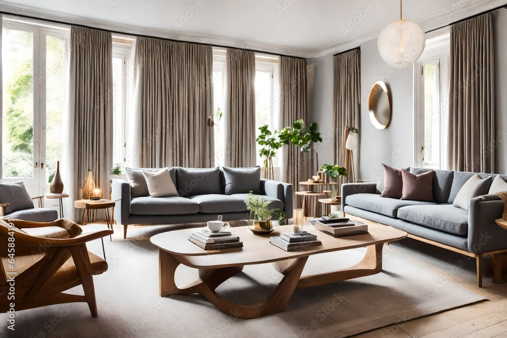 modern living room with fireplace ,Interior of light living room with grey sofas, wooden armchair and coffee table modern living room with fireplace ,Interior of light living room with grey sofas, wooden armchair and coffee table