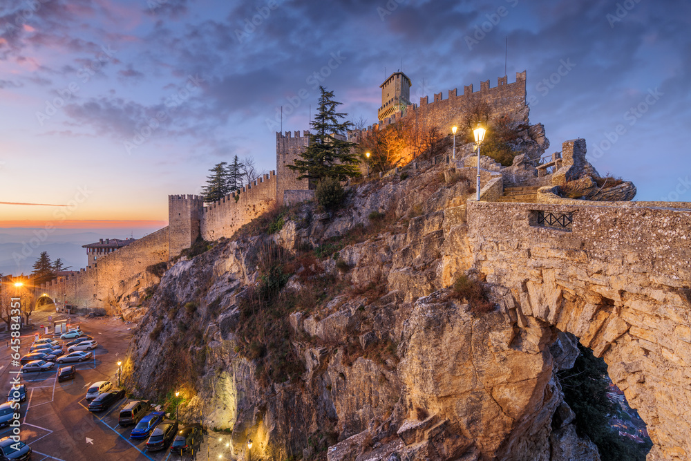 The Republic of San Marino with the first tower at dawn.