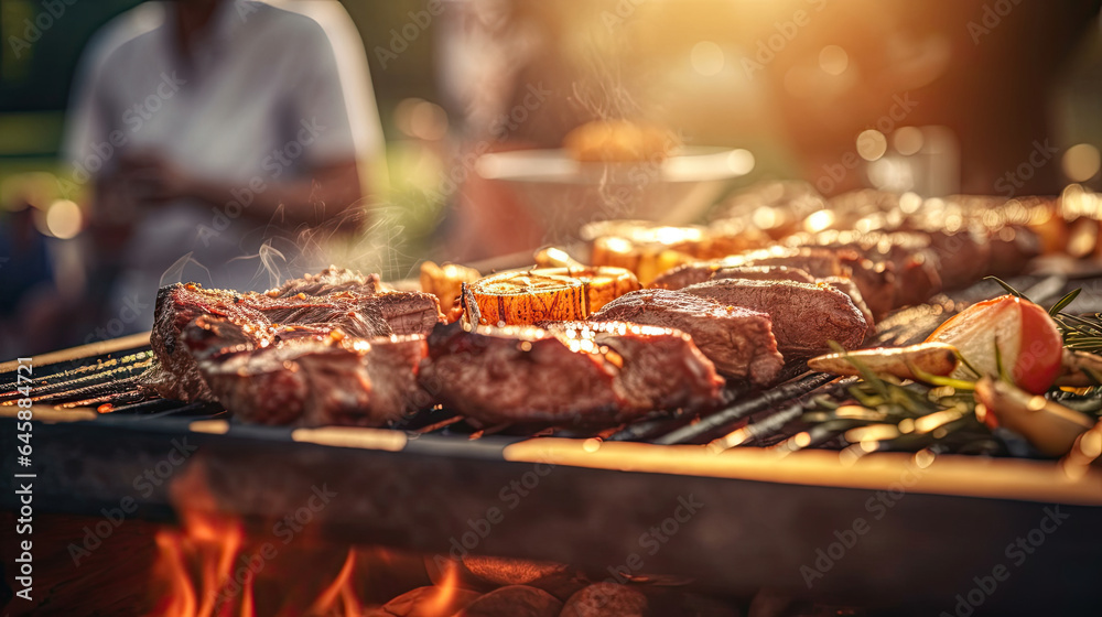 Meat on the barbecue and group of friends. Generative Ai