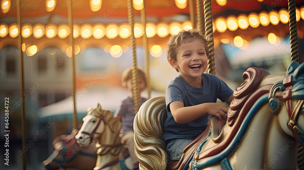 Obraz premium Two happy young boys expressing excitement while on a colorful carousel, merry go round, having fun at an amusement park. Generative Ai