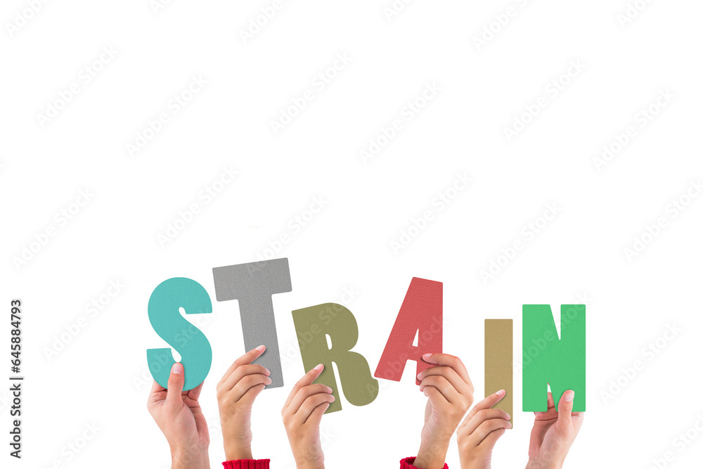 Digital png illustration of hands with strain text on transparent background Digital png illustration of hands with strain text on transparent background