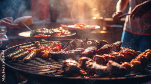 Meat on the barbecue and group of friends. Generative Ai