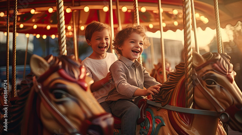 Two happy young boys expressing excitement while on a colorful carousel, merry go round, having fun at an amusement park. Generative Ai