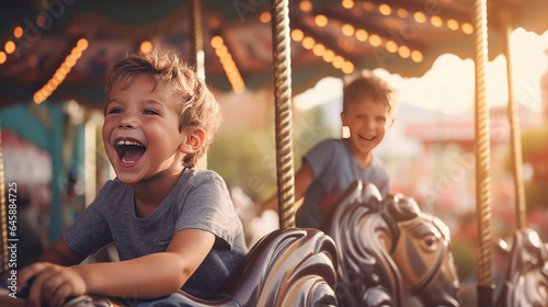 Two happy young boys expressing excitement while on a colorful carousel, merry go round, having fun at an amusement park. Generative Ai © tong2530