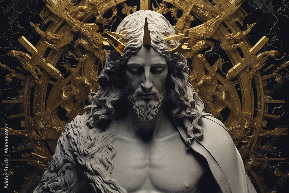 Culture and religious concept. Jesus Christ and genesis surreal illustration. Sacral fresco or statue Jesus in chaotic background. Small and tiny details, gray and golden coloring. Generative AI