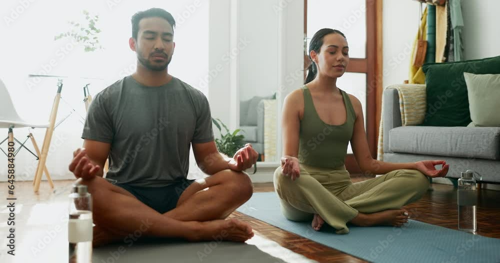 Home, meditation and couple with exercise, yoga and pilates training with mental health, apartment and peace. Lounge, man and woman with workout, relax and calm with wellness, zen and chakra balance