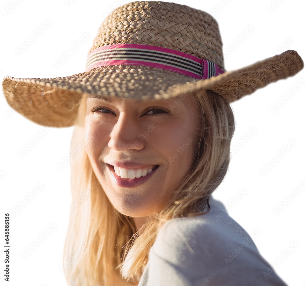 Digital png photo of smiling caucasian woman in hat on transparent background Digital png photo of smiling caucasian woman in hat on transparent background