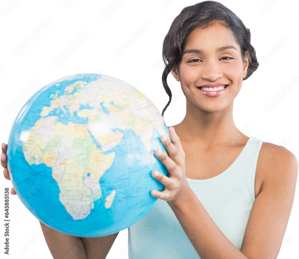 Digital png photo of biracial woman with globe on transparent background Digital png photo of biracial woman with globe on transparent background