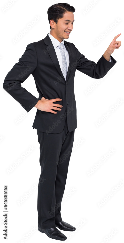 Digital png photo of smiling biracial businessman pointing on transparent background Digital png photo of smiling biracial businessman pointing on transparent background