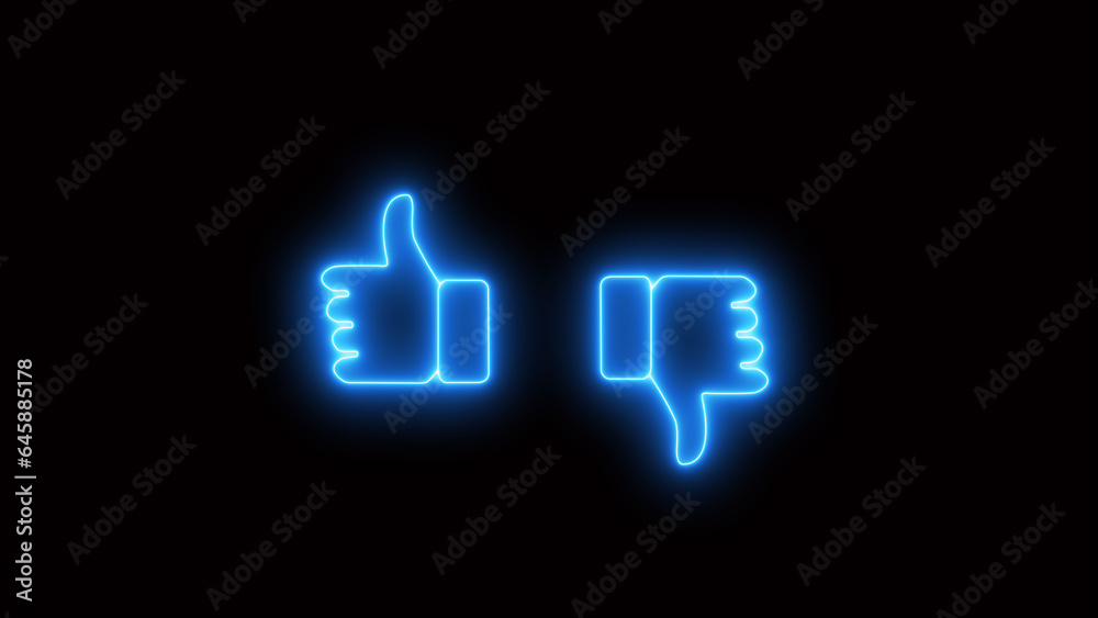 Like and unlike Icon in Neon animation. Light Glowing blue Bright Symbol with black Background. Yes and No thumb up.