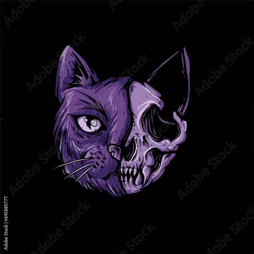 purple cat head tattoo with two sides