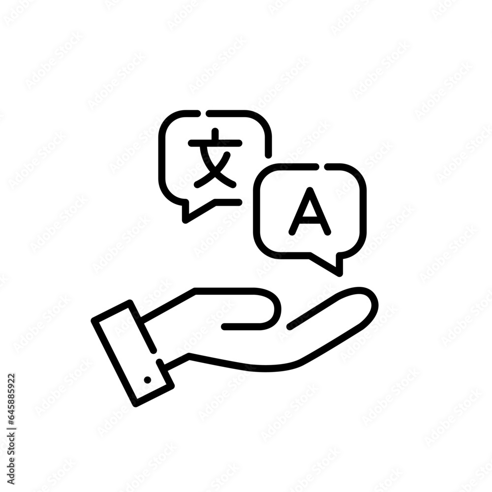 Hand holding speech bubbles with translation symbols. Pixel perfect, editable stroke icon