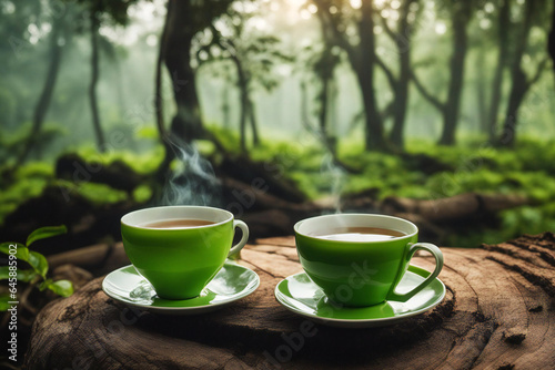 two cups of hot green tea on top of a tree stump isolated on green forest background