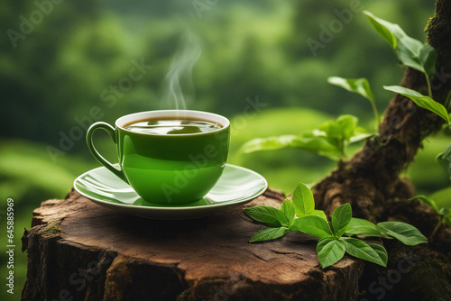 a cup of hot green tea on top of a tree stump isolated on green forest background