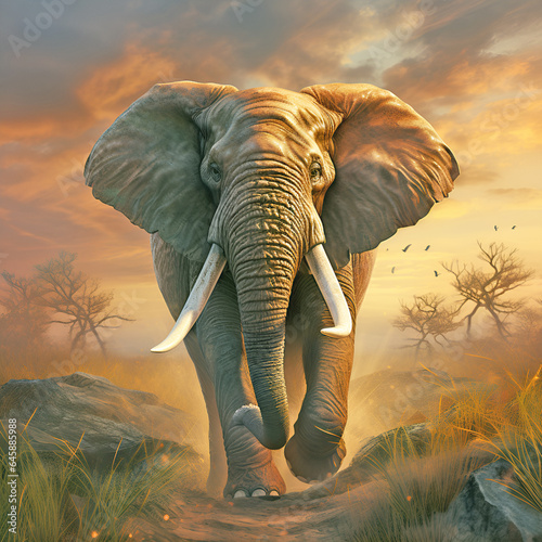  Wild elephant in the big forest, sky background