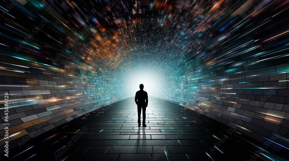 silhouette of a man in a tunnel of information flow. futuristic illustration. Generative Ai silhouette of a man in a tunnel of information flow. futuristic illustration. Generative Ai