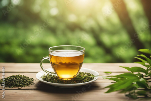 a cup of green tea on top of wooden table isolated on green forest background