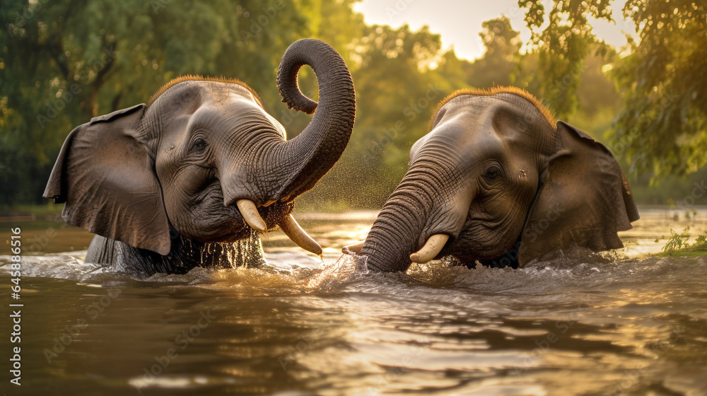 young African elephants bathe in the river. Generative Ai