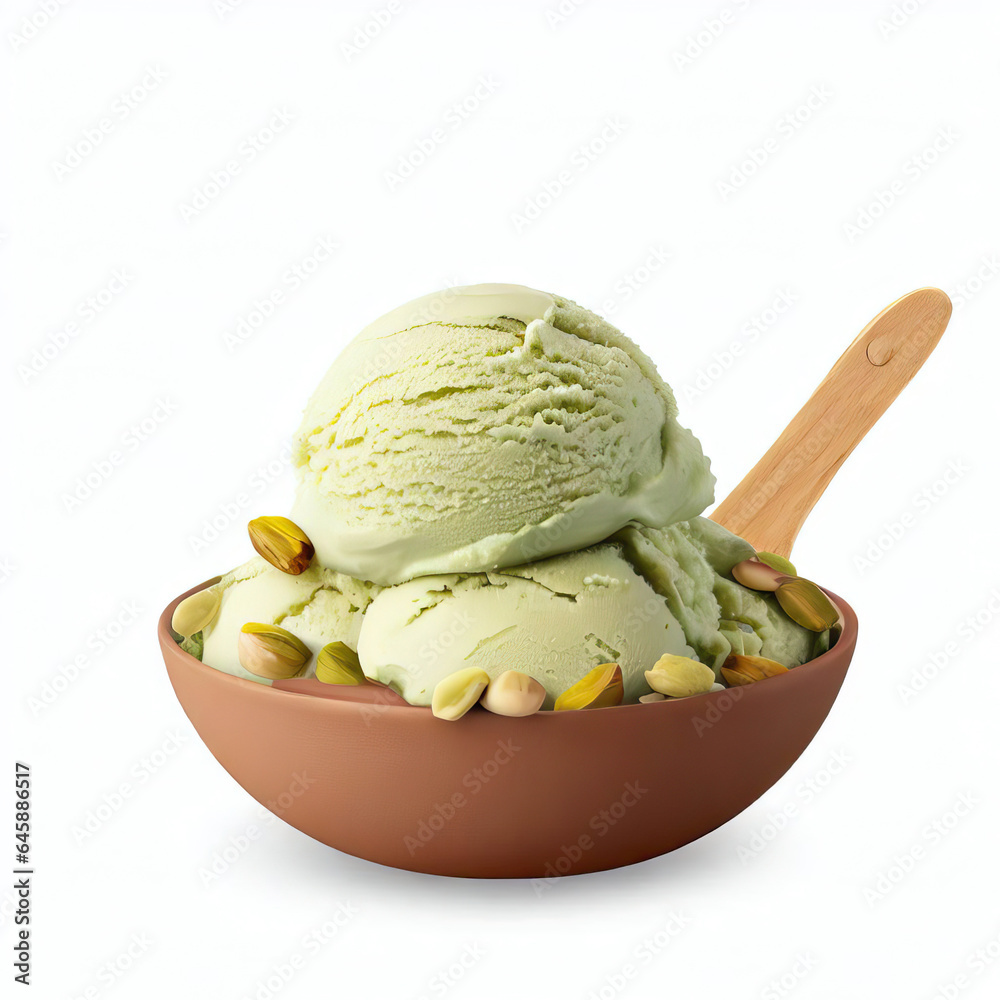 Delicious Bowl of Pistachio Ice Cream on a White Background Generative AI Delicious Bowl of Pistachio Ice Cream on a White Background Generative AI