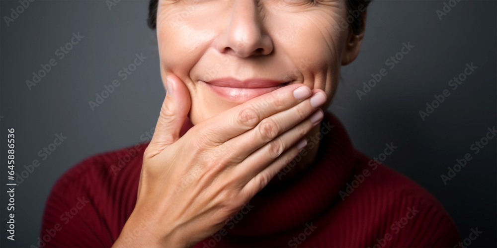 mature woman gently stroking her face close-up. Generative Ai mature woman gently stroking her face close-up. Generative Ai