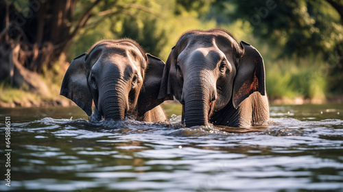 two elephants drink water from a river on a hot day. Generative Ai