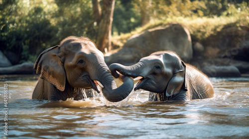 two young elephants play in the river water. Generative Ai