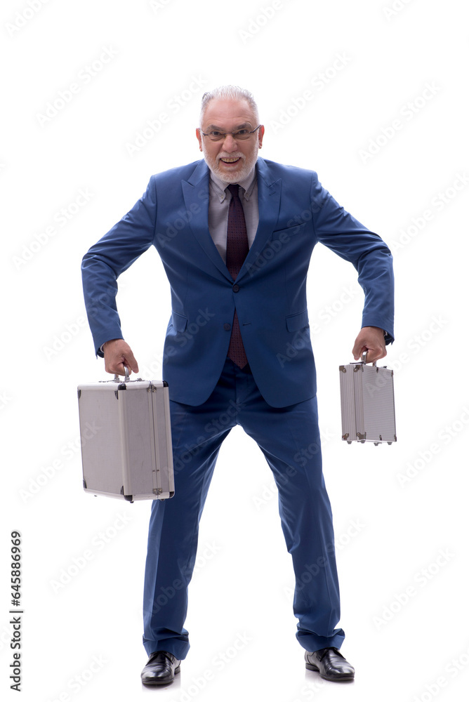 Old businessman holding case isolated on white Old businessman holding case isolated on white