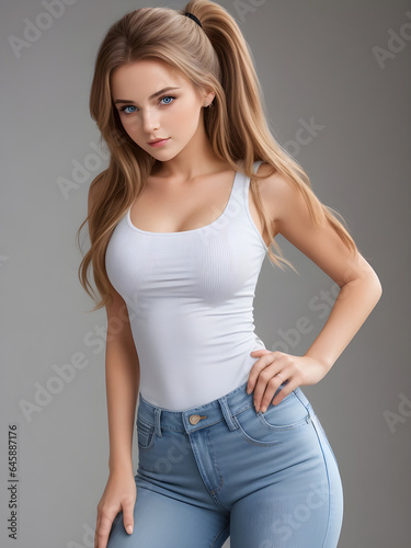 Beautiful Russia girl aged 20, she is dressing up in a pair of fitted short jeans. with a tight shirt. ai generative