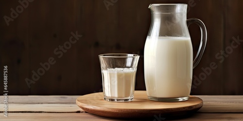 Fresh Milk in glass and jug on wooden table. Portrait of Health and Purity