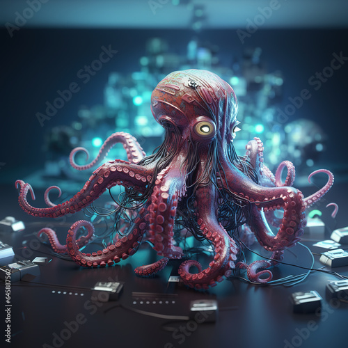 Image of octopus that is a futuristic machine of the future world. Undersea animals. Illustration, Generative AI.