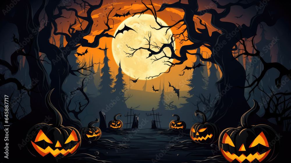 halloween night background illustration in forest pumpkin and bat