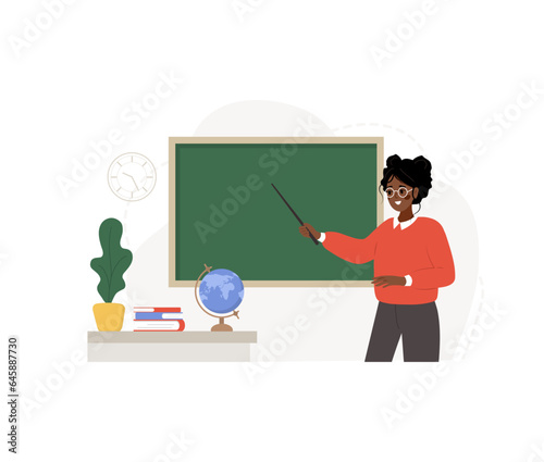 African female teacher in classroom. Pedagogue with pointer at chalkboard. School and college concept. Vector illustration in flat cartoon style.