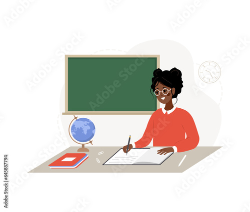 African female teacher in classroom. Pedagogue sitting at table and checking homework. School and college concept. Vector illustration in flat cartoon style