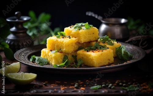 Close-up of khaman dhokla, a Gujarati snack photo