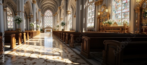 An image of a Christian church's serene interior, with stained glass windows and a cross.Generated with AI