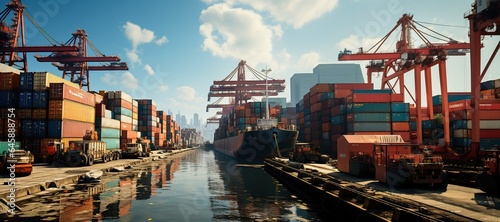 world of shipping transports. Depict a bustling port with cargo ships of various sizes and types, loading and unloading goods by cranes.Generated with AI photo