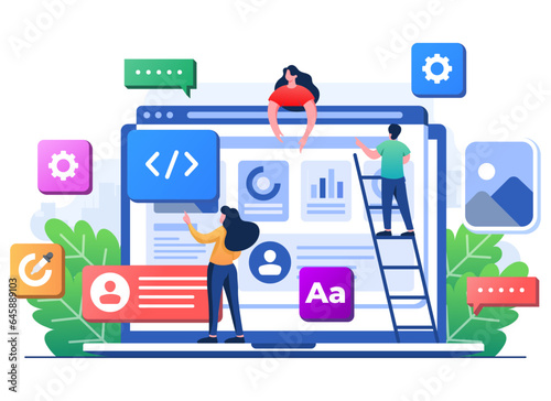 Developers build website User interface front view on laptop screen, Web design, UI UX, Software development, Web design, Application design, Coding, Web development flat illustration for landing page