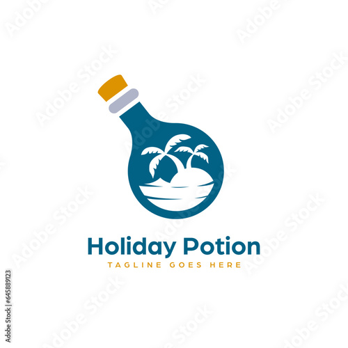 Vacation Holiday Potion logo with beach island illustration inside potion bottle vector logo template