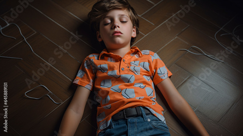 young boy with epileptic seizures lying on the floor - Kid fainted on the wooden floor photo