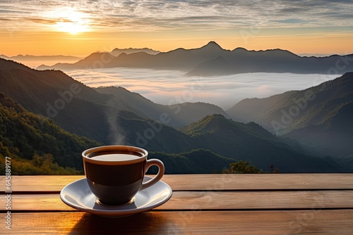 Morning Bliss. Sipping Fresh Espresso in Natural Setting. Cappuccino with View. Enjoying Coffee in Mountains at Sunrise