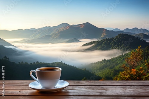 Morning Bliss. Sipping Fresh Espresso in Natural Setting. Cappuccino with View. Enjoying Coffee in Mountains at Sunrise