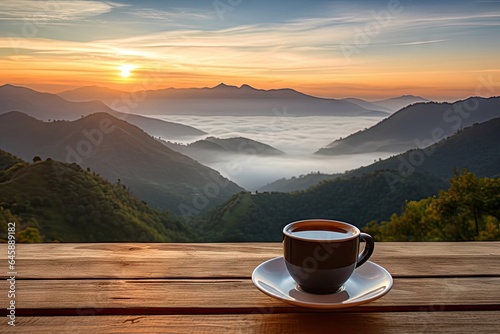 Morning Bliss. Sipping Fresh Espresso in Natural Setting. Cappuccino with View. Enjoying Coffee in Mountains at Sunrise
