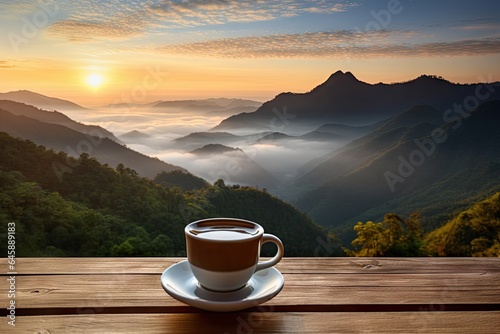 Morning Bliss. Sipping Fresh Espresso in Natural Setting. Cappuccino with View. Enjoying Coffee in Mountains at Sunrise