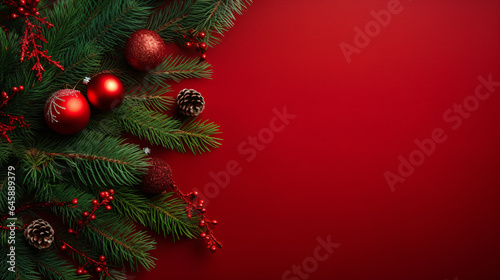 Red Christmas background with fir tree  decor on left - flat lay banner background with copy space on right